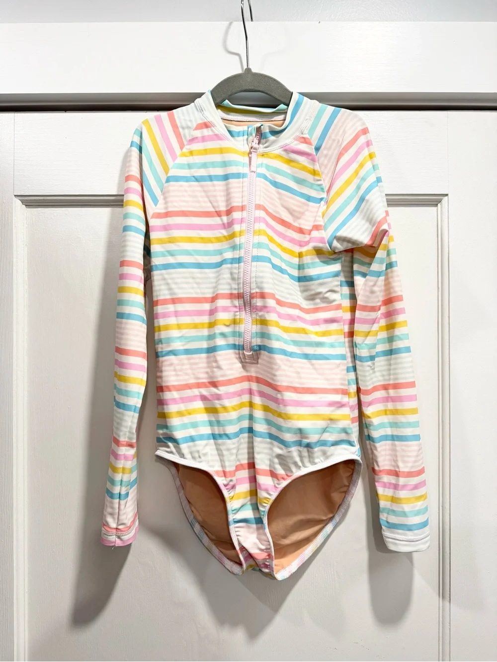 J. Crew Girls' striped rash guard swimsuit 10 Rainbow Summer Vacation Beach